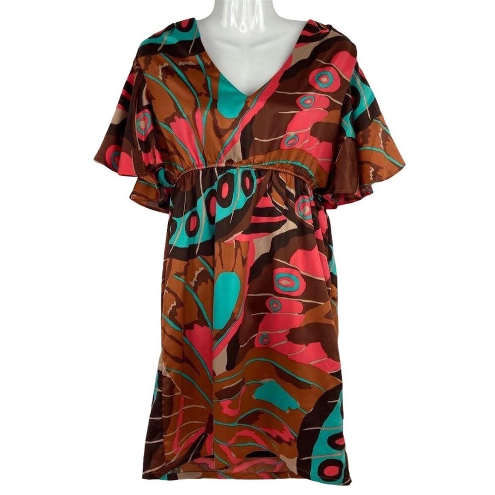Judith March L Dress V-Neck Short Flutter Sleeve Empire Waist Silky Coral Teal
